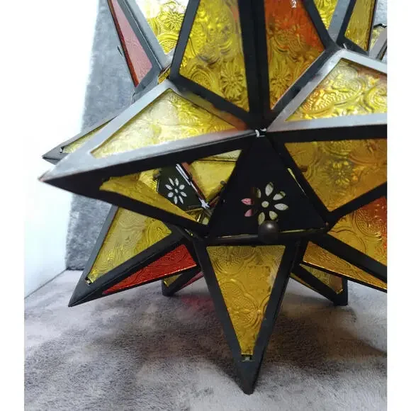Moroccan Moravian Stained Glass 14" Star Hanging Tealight Candle Holder 2PC Set - Picture 5 of 10